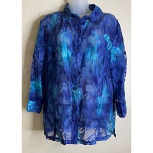 Erin Womens Large Blouse Blue Burnout Floral Sheer 3/4 Sleeve Button Up Tropical